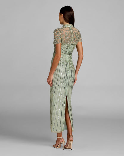 Mac Duggal Green Beaded Mock Neck Midi Dress