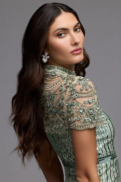 Mac Duggal Green Beaded Mock Neck Midi Dress