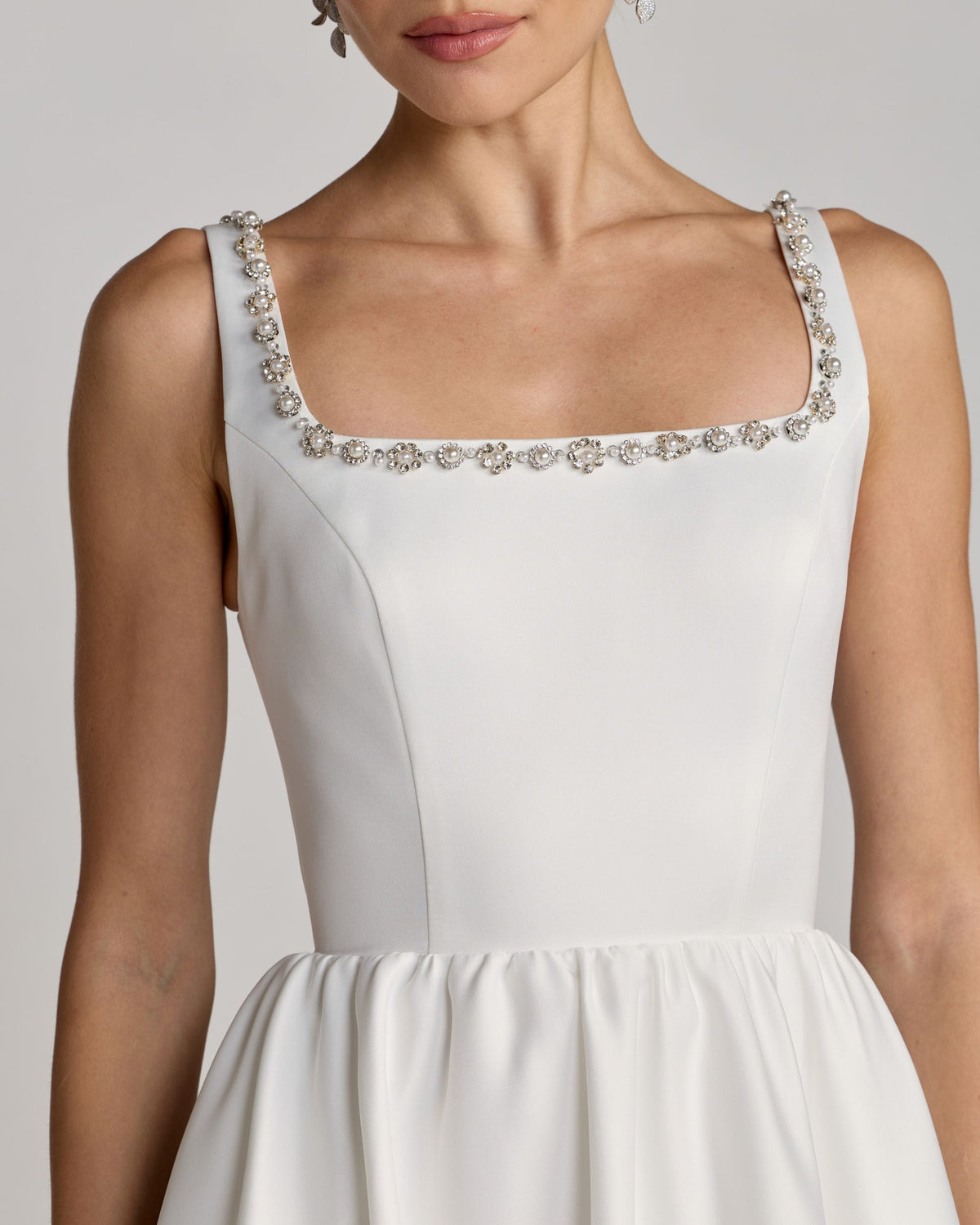 Mac Duggal White Embellished Square Neck A-Line Midi Dress