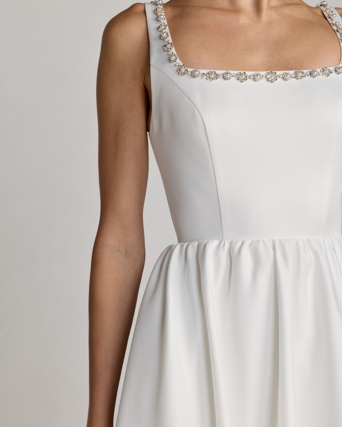 Mac Duggal White Embellished Square Neck A-Line Midi Dress