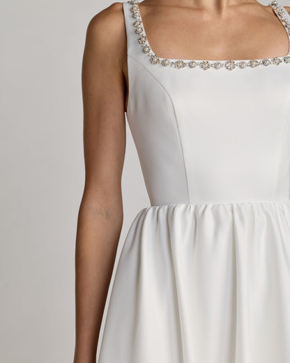 Mac Duggal White Embellished Square Neck A-Line Midi Dress