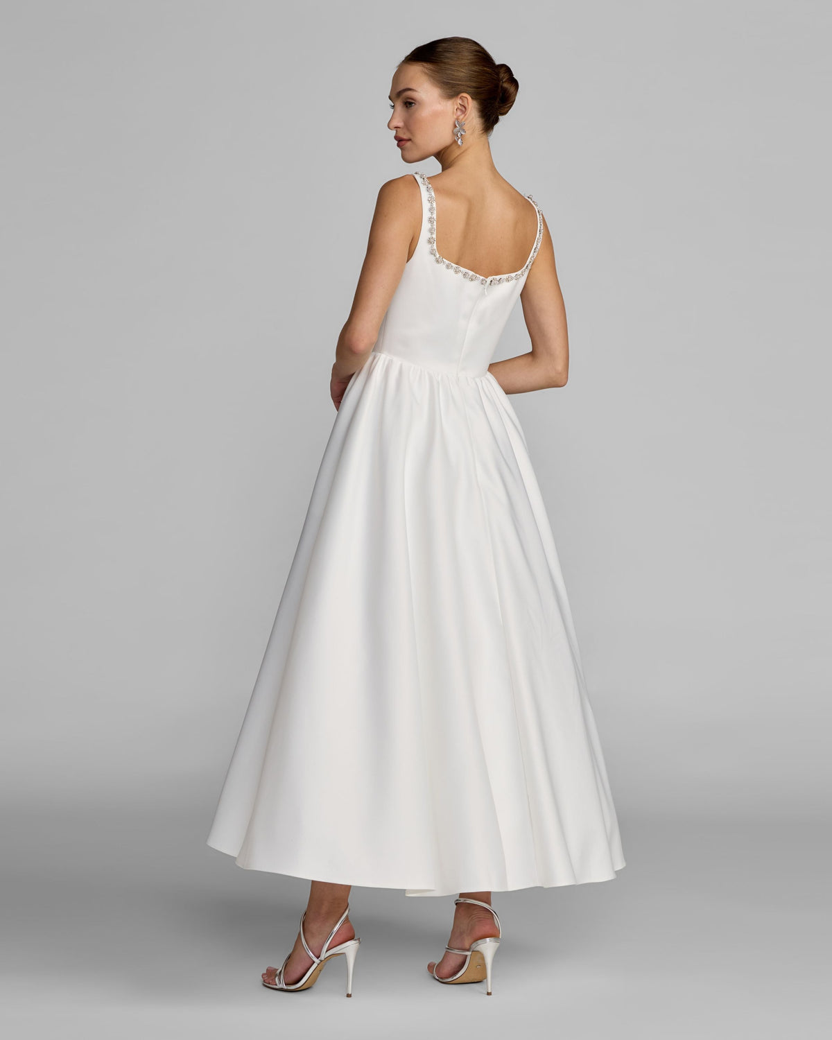 Mac Duggal White Embellished Square Neck A-Line Midi Dress