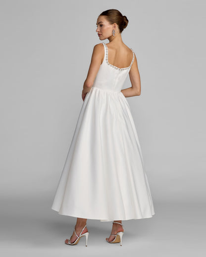 Mac Duggal White Embellished Square Neck A-Line Midi Dress