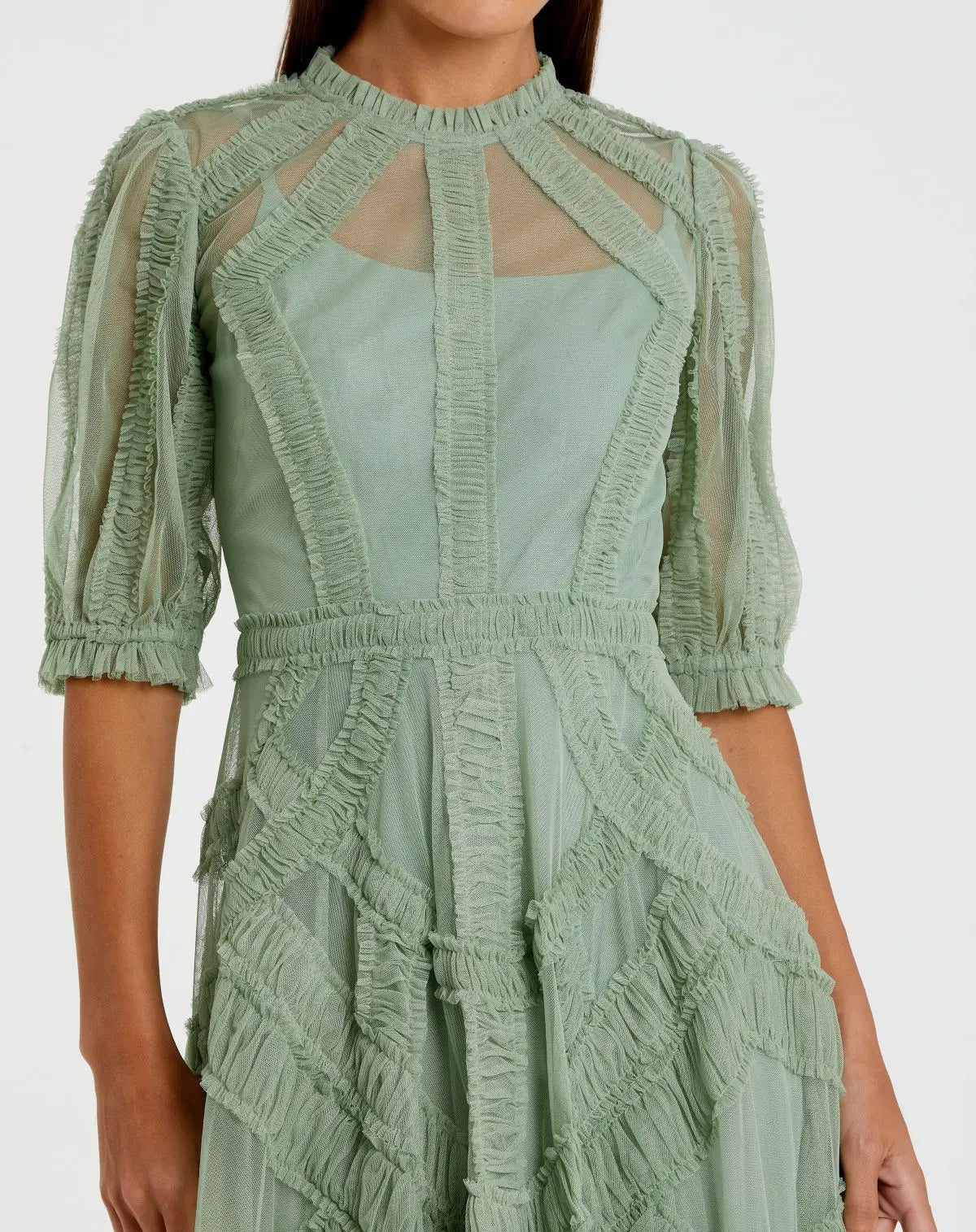 Mac Duggal Petite Green High Neck Ruffle Tiered A-Line Midi Dress
