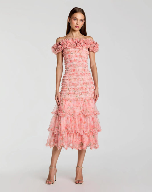 Mac Duggal Pink Floral Off The Shoulder Ruffle Midi Dress