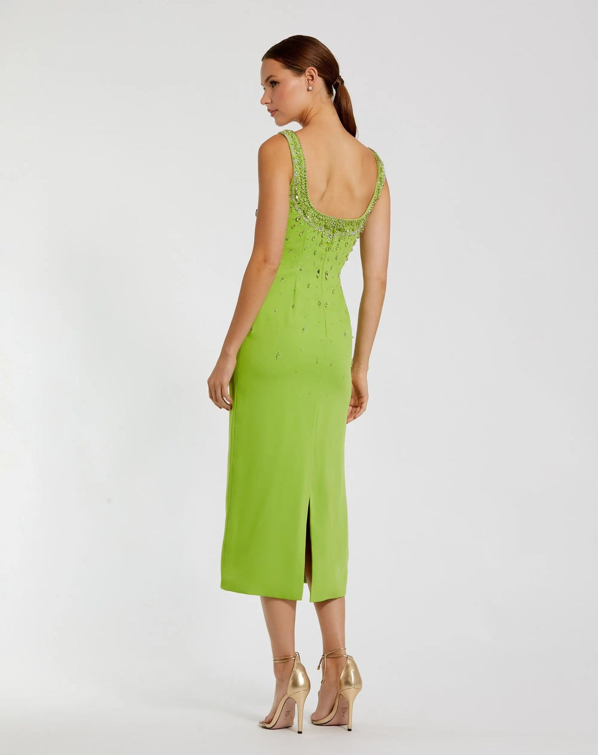 Mac Duggal Green Beaded Crepe Scoop Neck Sleeveless Midi Dress