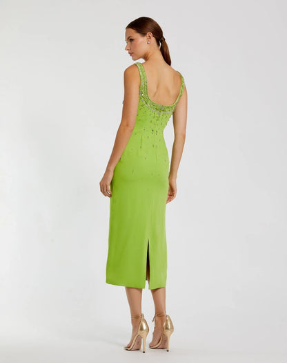 Mac Duggal Green Beaded Crepe Scoop Neck Sleeveless Midi Dress