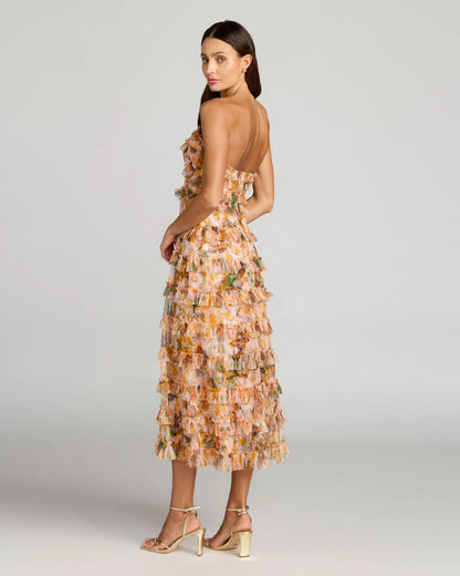 Mac Duggal Gold Strapless Floral Micro Ruffle Dress