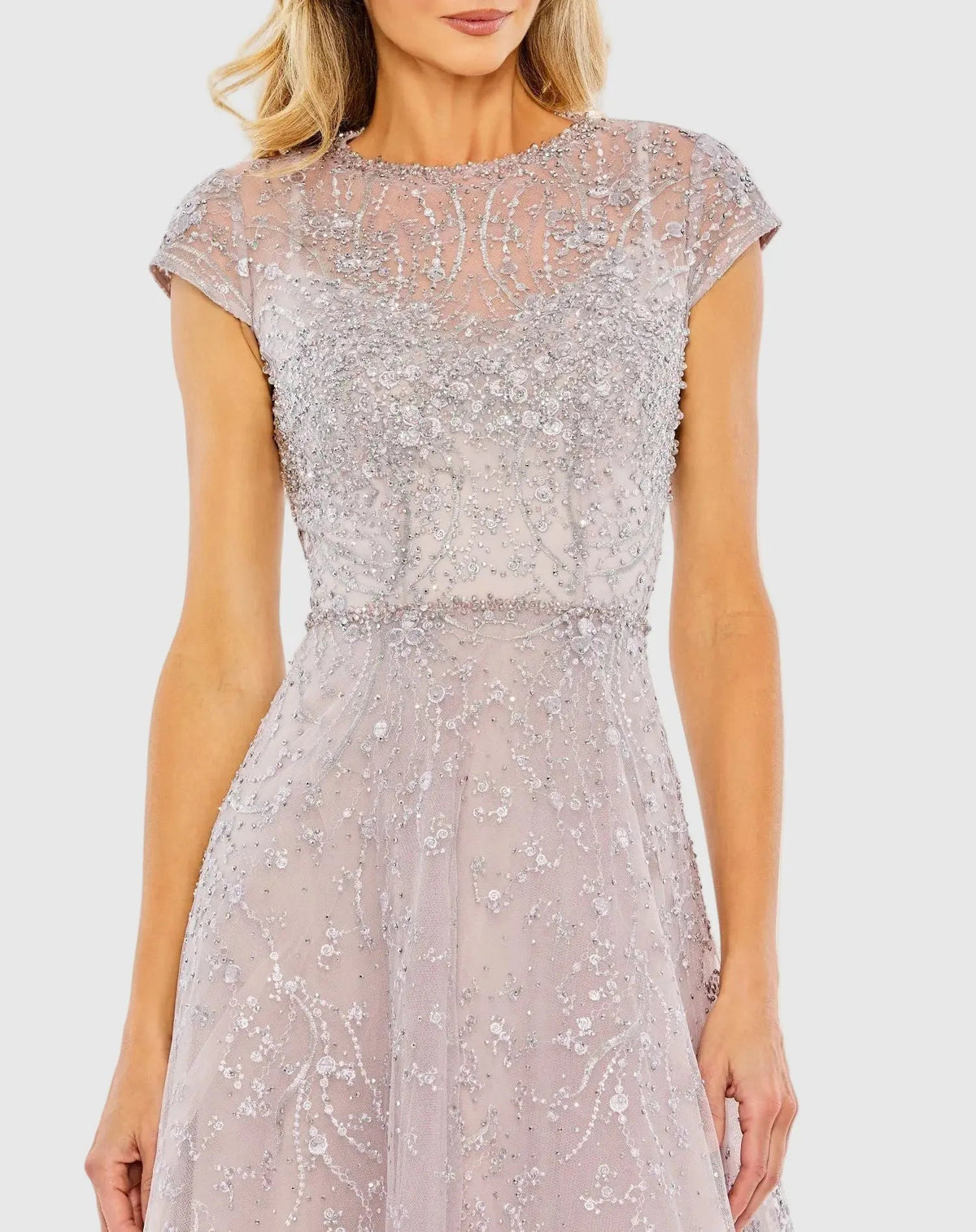 Mac Duggal Petite Purple Embellished High Neck Cap Sleeve A Line Dress