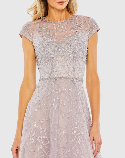 Mac Duggal Petite Purple Embellished High Neck Cap Sleeve A Line Dress