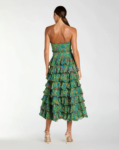 Mac Duggal Green Strapless Floral Cotton Ruffle Midi Dress