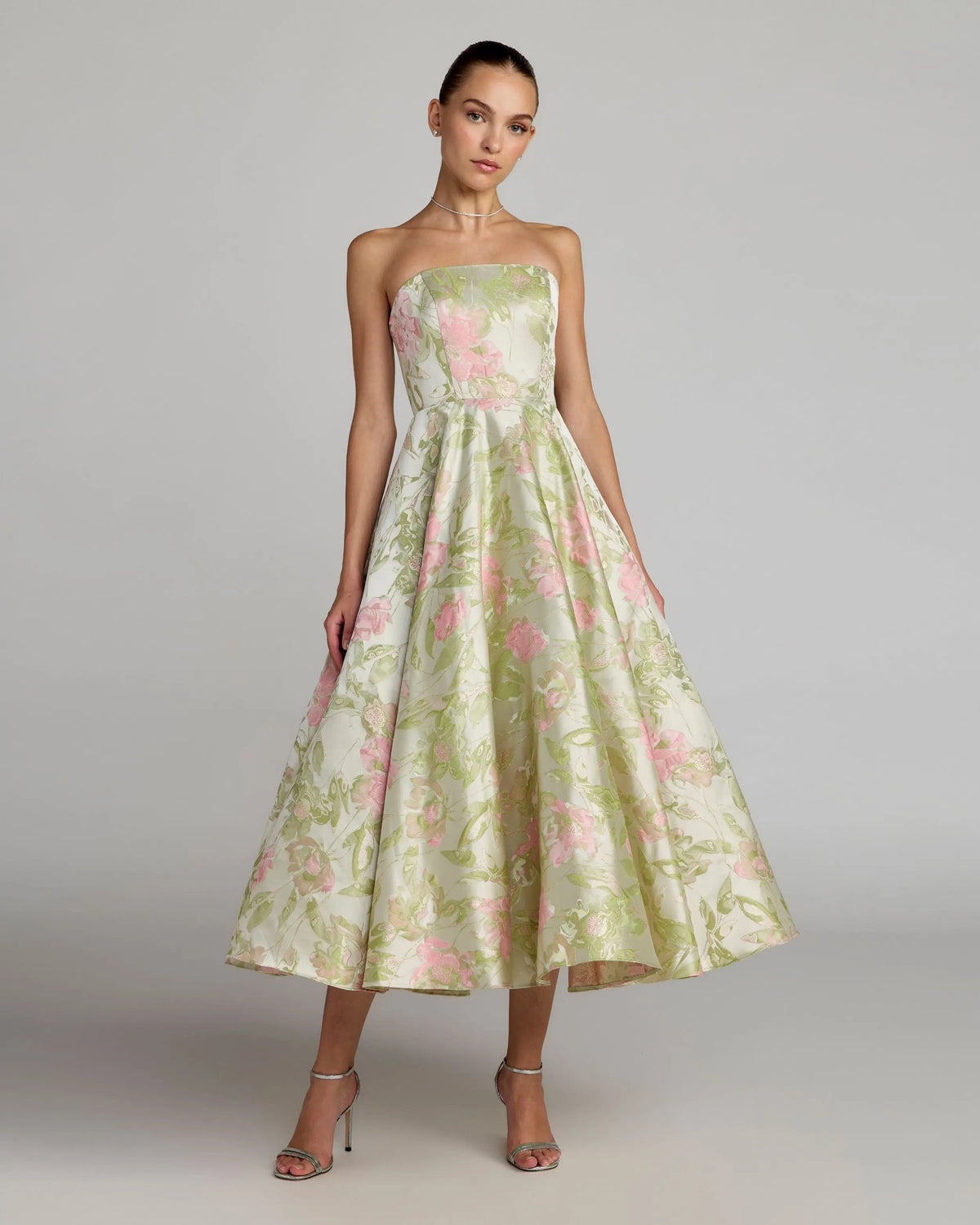 Mac Duggal Green Floral Strapless A-Line Midi Dress
