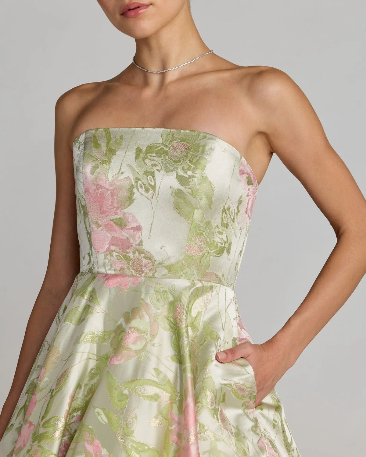 Mac Duggal Green Floral Strapless A-Line Midi Dress