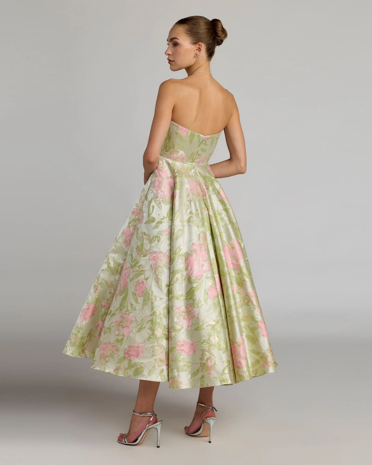 Mac Duggal Green Floral Strapless A-Line Midi Dress