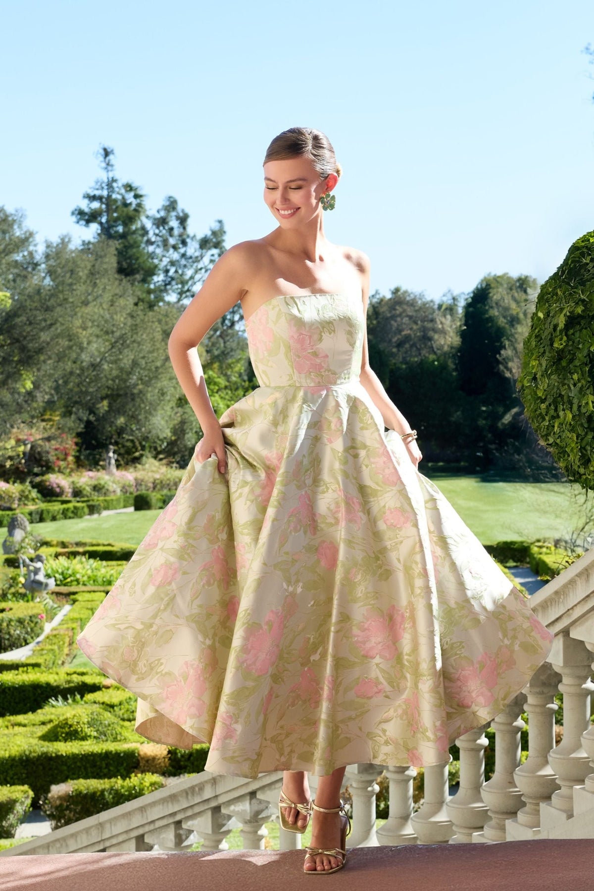 Mac Duggal Green Floral Strapless A-Line Midi Dress