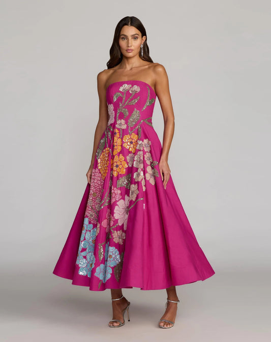 Mac Duggal Hot Pink Strapless Floral Embellished Midi Dress