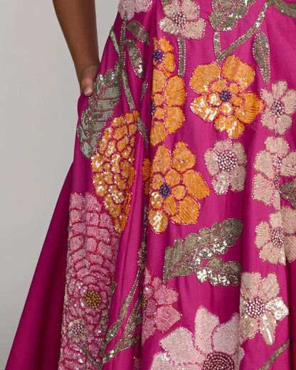Mac Duggal Hot Pink Strapless Floral Embellished Midi Dress