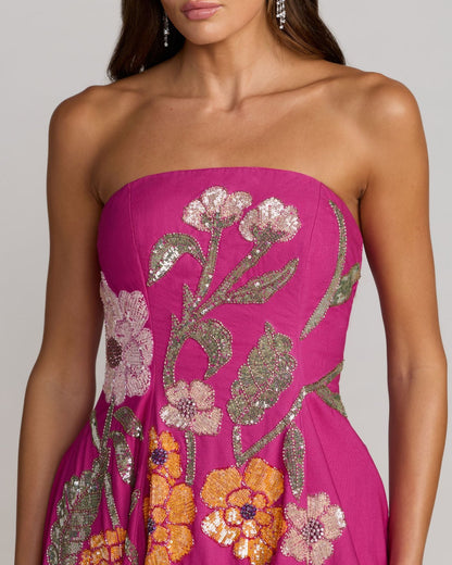 Mac Duggal Hot Pink Strapless Floral Embellished Midi Dress