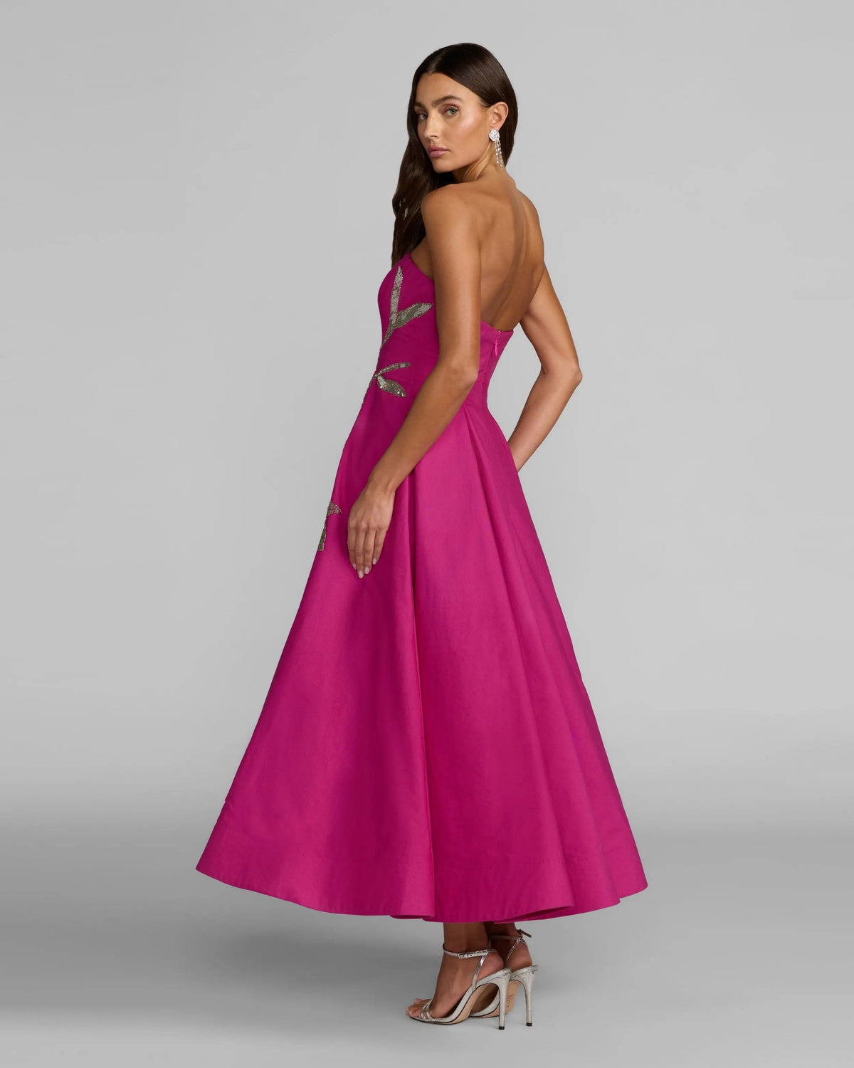 Mac Duggal Hot Pink Strapless Floral Embellished Midi Dress