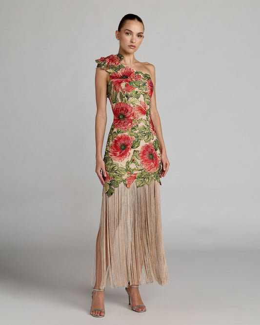 Mac Duggal Beige Embroidered One Shoulder Dress With Fringe Hem