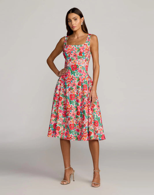 Mac Duggal Multicolor Sleeveless Floral A-Line Midi Dress