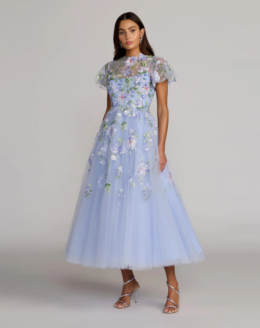Mac Duggal Blue Flutter Sleeve Embroidered A-Line Midi Dress