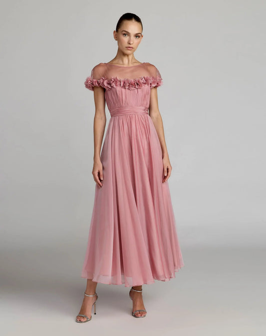 Mac Duggal Pink Chiffon Illusion Neck Midi Dress With 3D Flowers