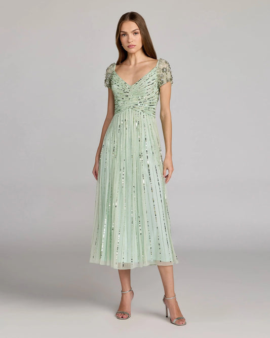 Mac Duggal Green Sequin Jeweled V Neck Midi Dress