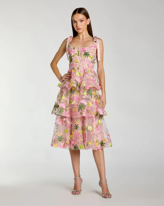Mac Duggal Pink Floral Embroidered Tiered Midi Dress