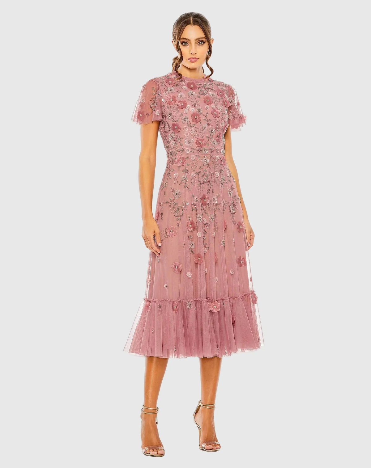 Mac Duggal Petite Pink Embellished High Neck Flutter Sleeve A Line Dress