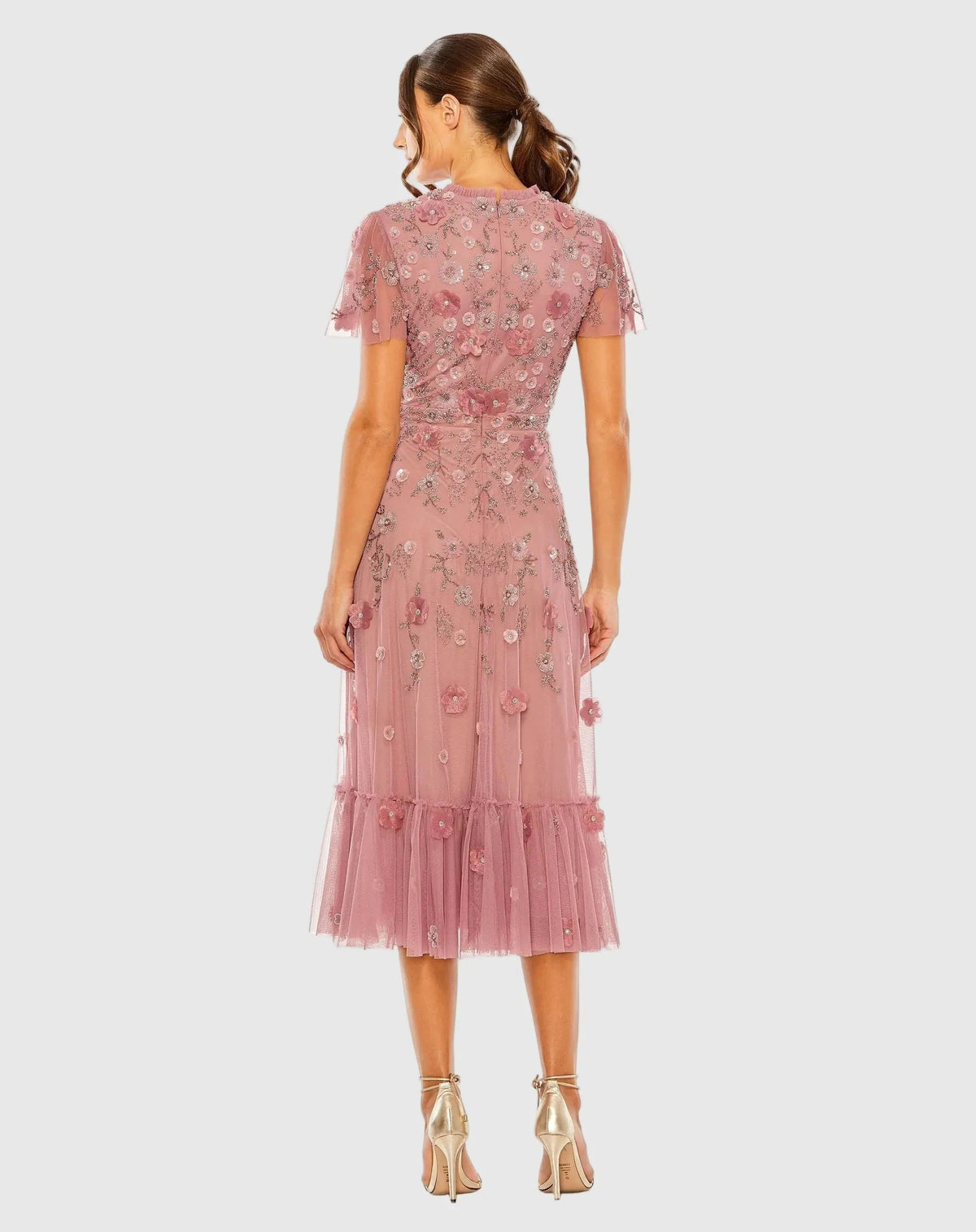 Mac Duggal Petite Pink Embellished High Neck Flutter Sleeve A Line Dress