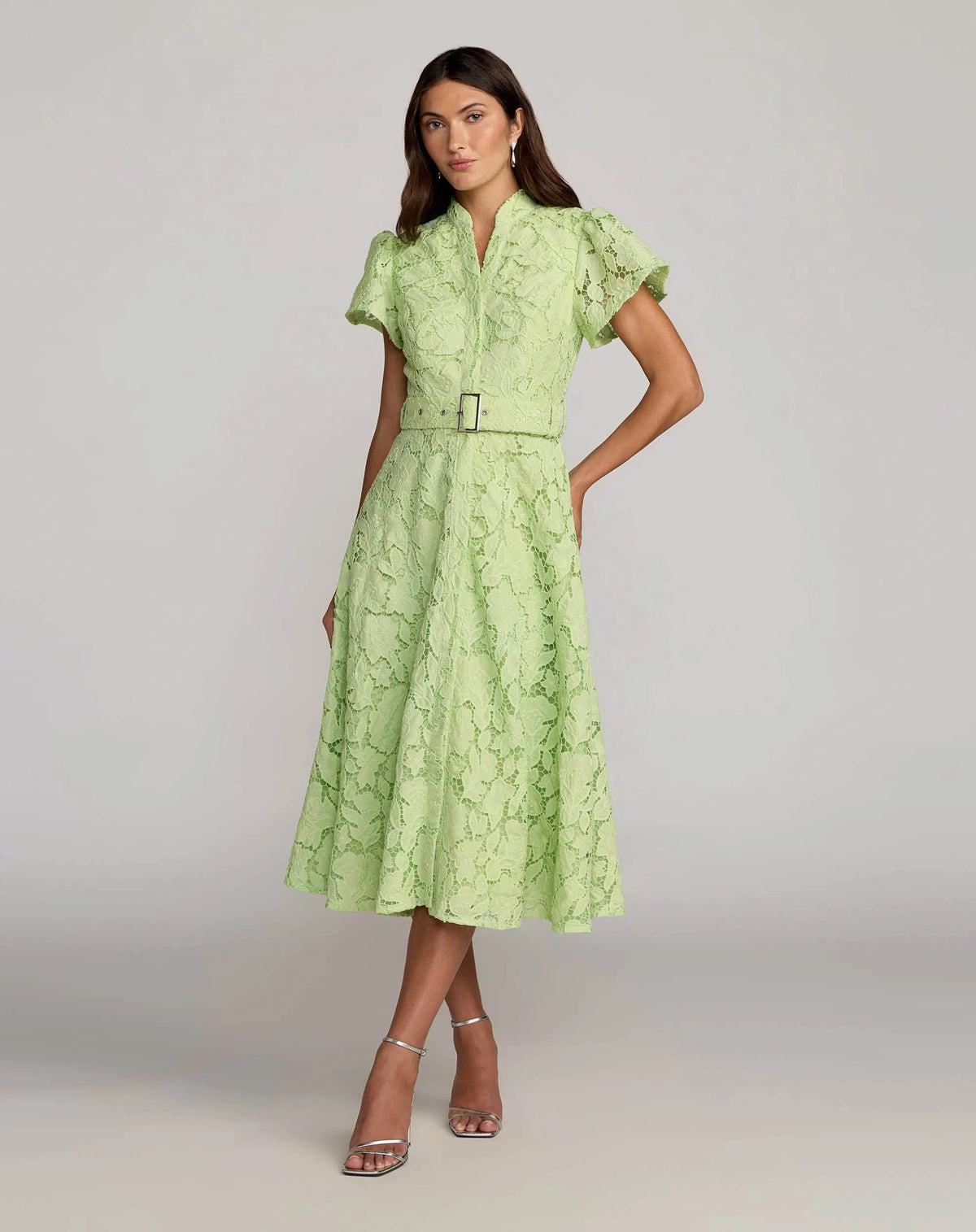 Mac Duggal Green Embroidered Lace Belted Midi Dress