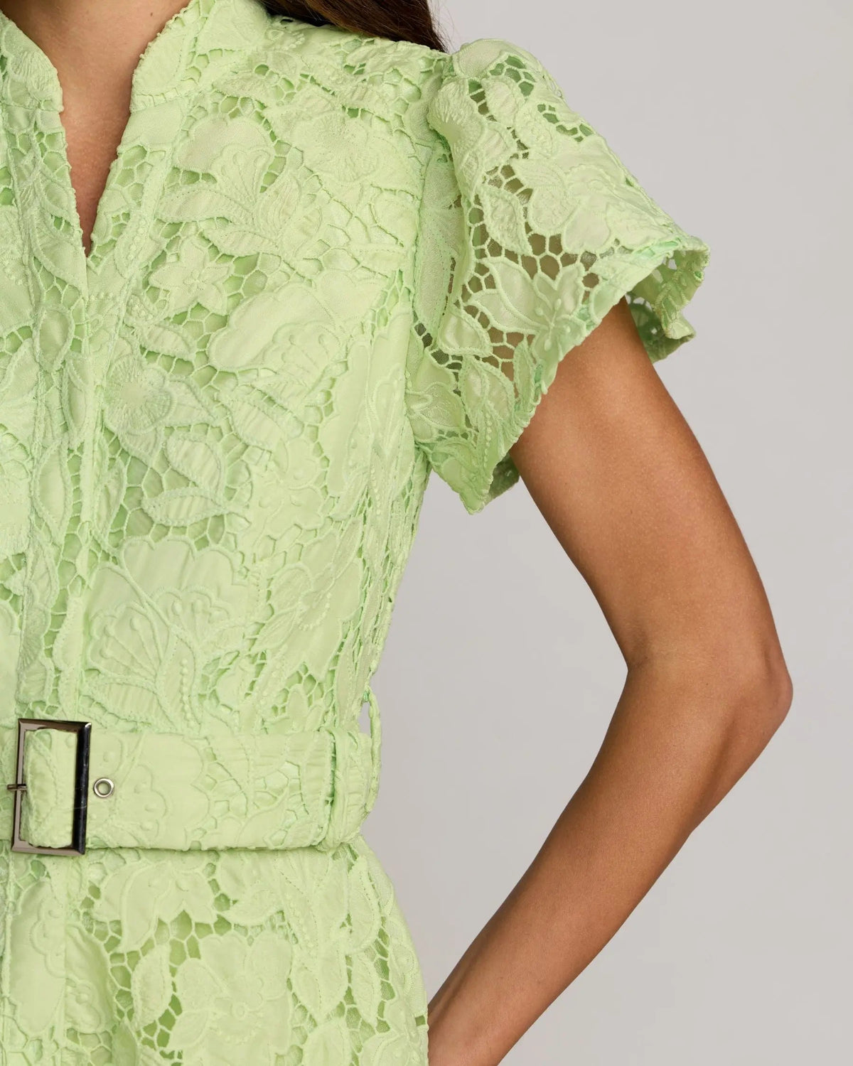 Mac Duggal Green Embroidered Lace Belted Midi Dress