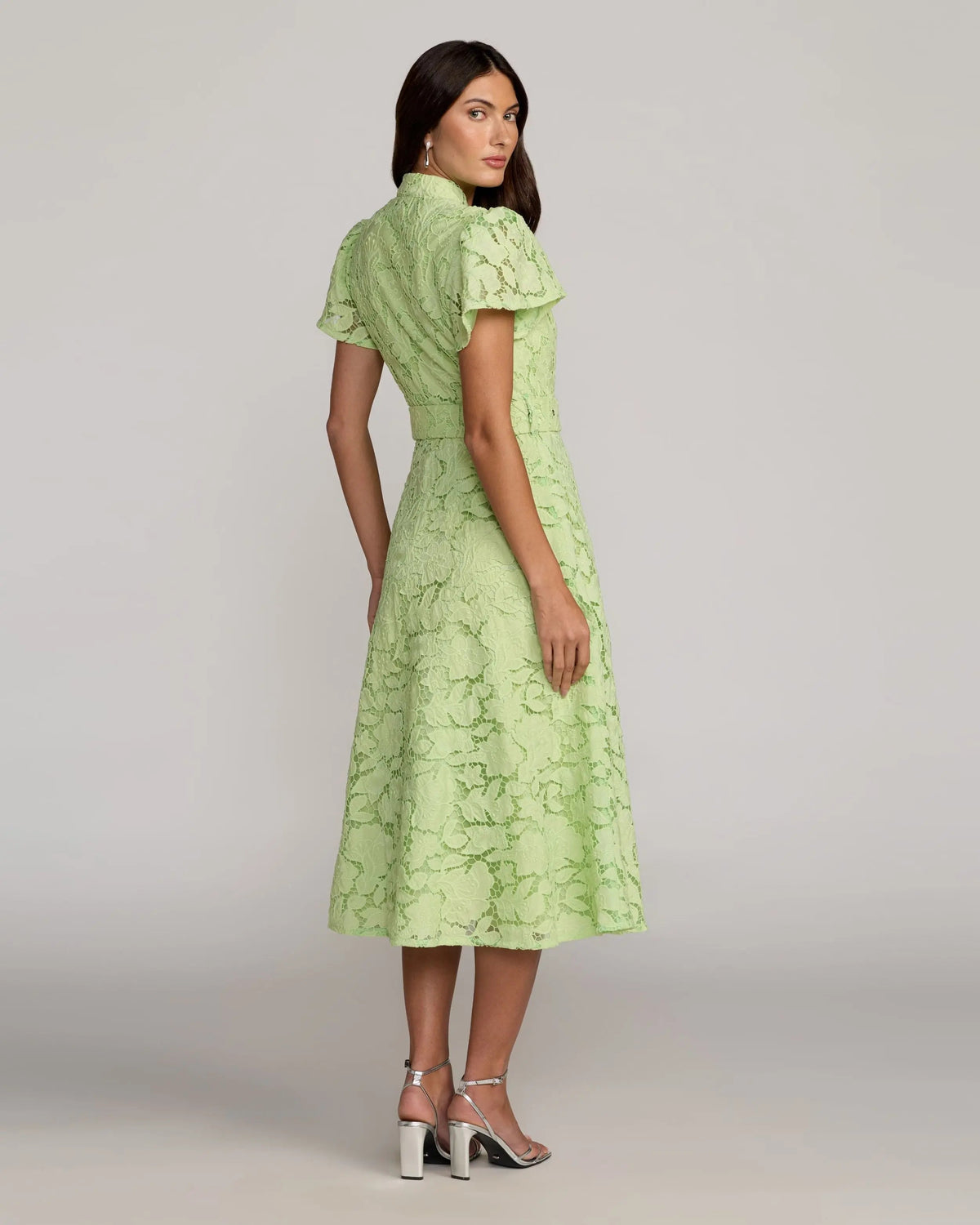Mac Duggal Green Embroidered Lace Belted Midi Dress