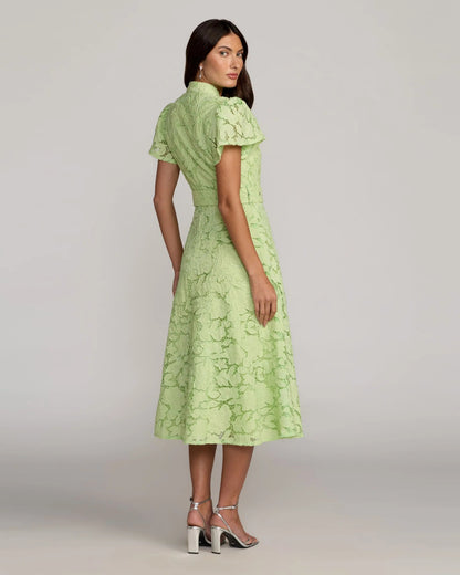 Mac Duggal Green Embroidered Lace Belted Midi Dress