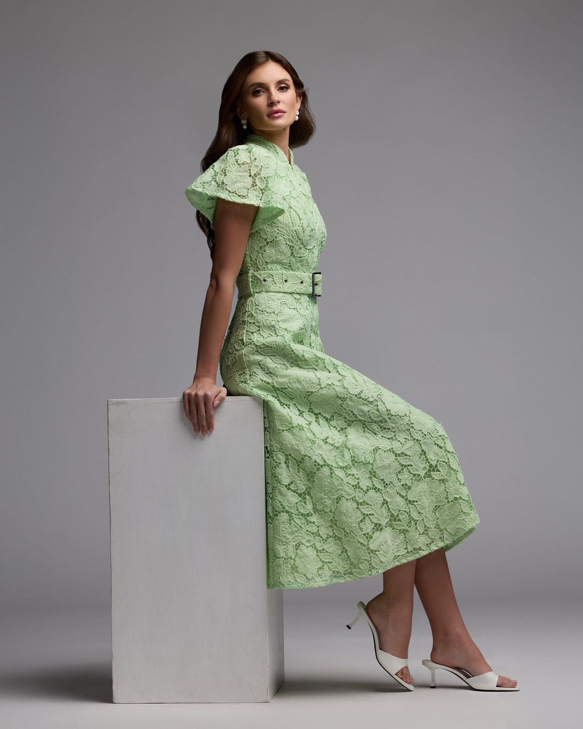 Mac Duggal Green Embroidered Lace Belted Midi Dress