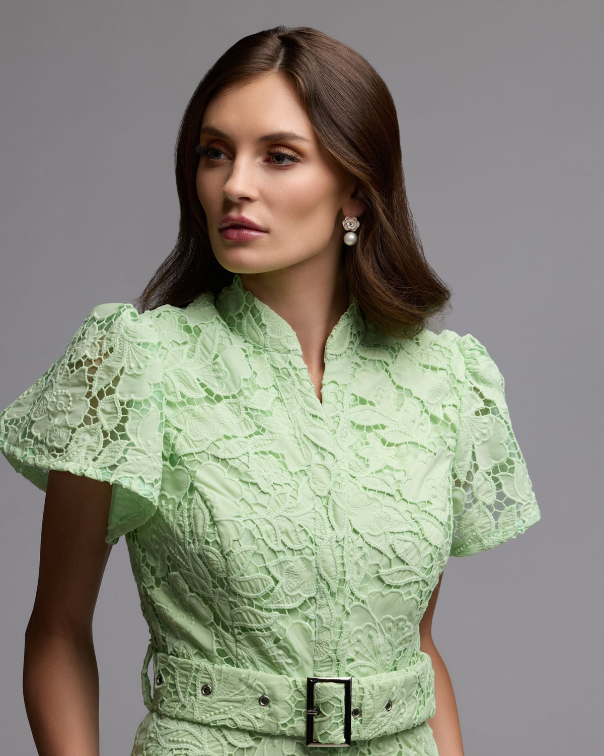 Mac Duggal Green Embroidered Lace Belted Midi Dress