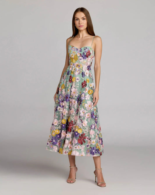 Mac Duggal Green Sweetheart Neck Embroidered Midi Dress