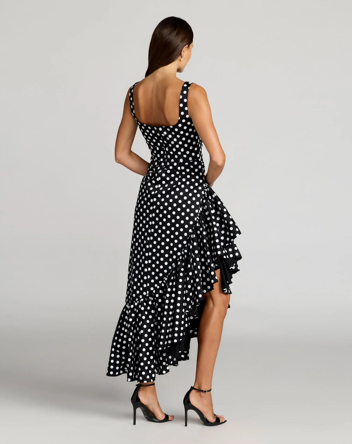 Mac Duggal Black Sleeveless Polka Dot Midi Dress With Ruffled Hem