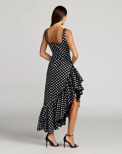 Mac Duggal Black Sleeveless Polka Dot Midi Dress With Ruffled Hem