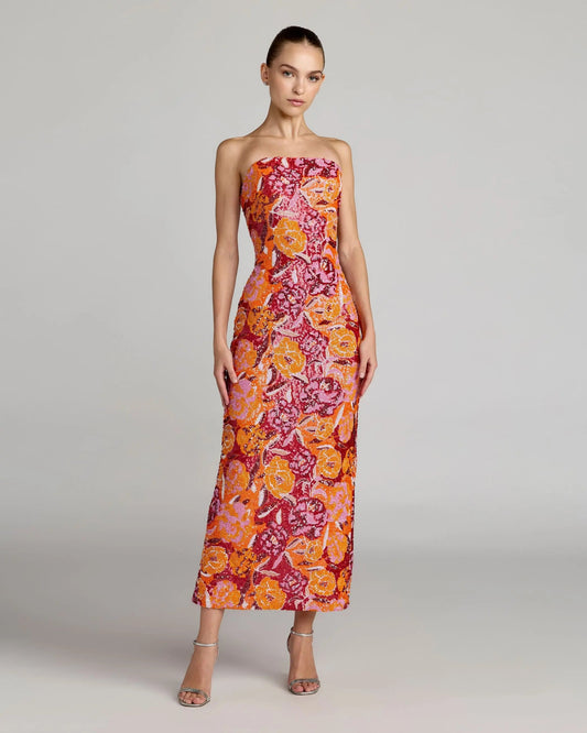 Mac Duggal Pink and Orange Strapless Floral Sequin Midi Dress