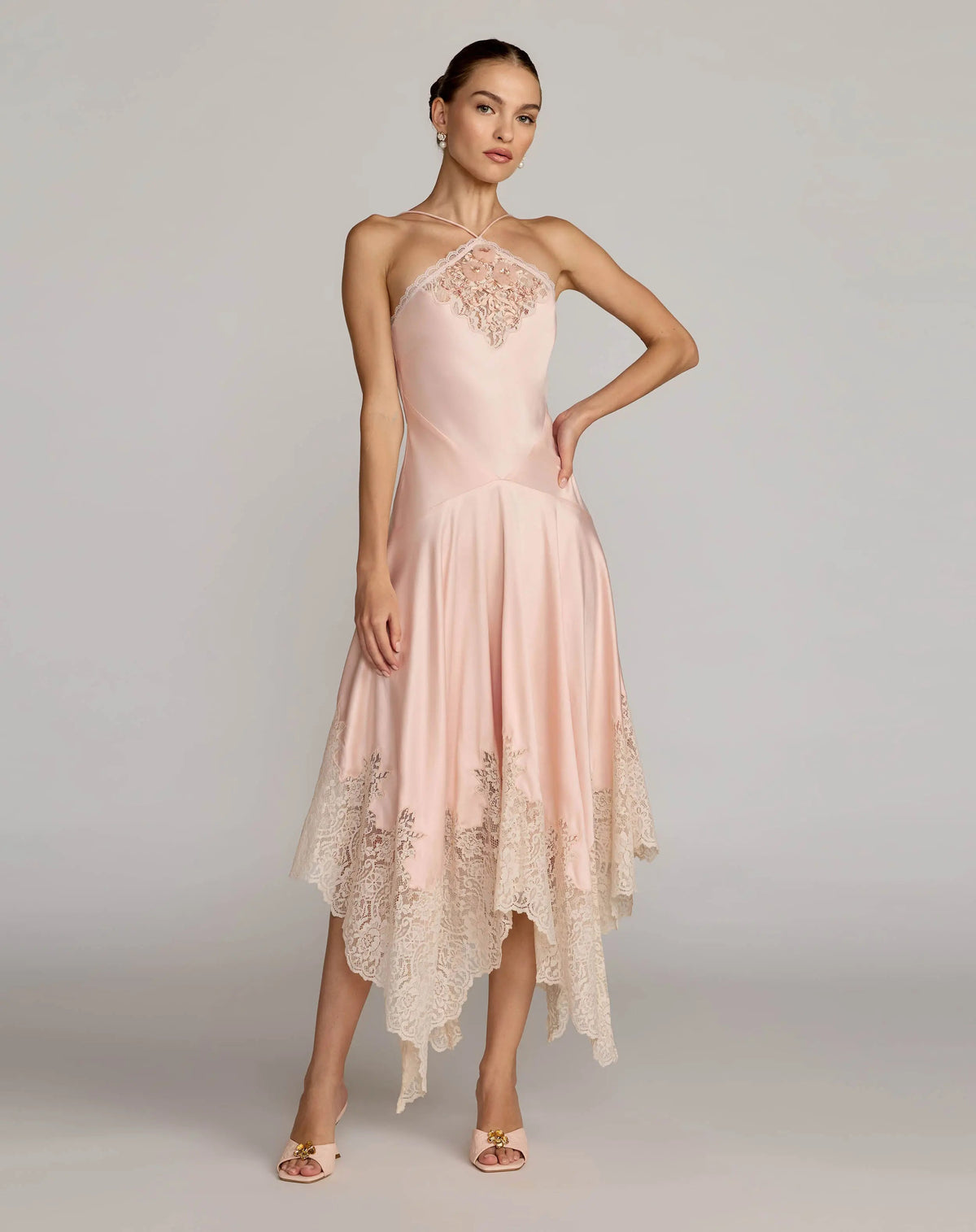 Mac Duggal Light Pink Lace Trim Handkerchief Midi Dress