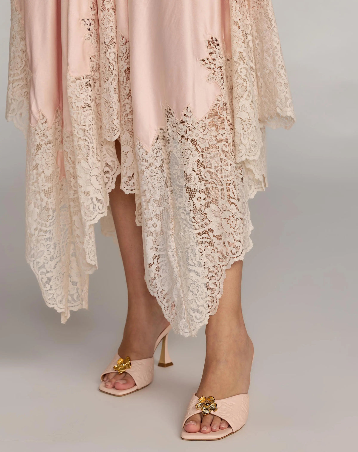 Mac Duggal Light Pink Lace Trim Handkerchief Midi Dress