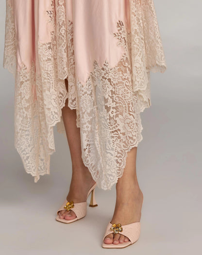 Mac Duggal Light Pink Lace Trim Handkerchief Midi Dress