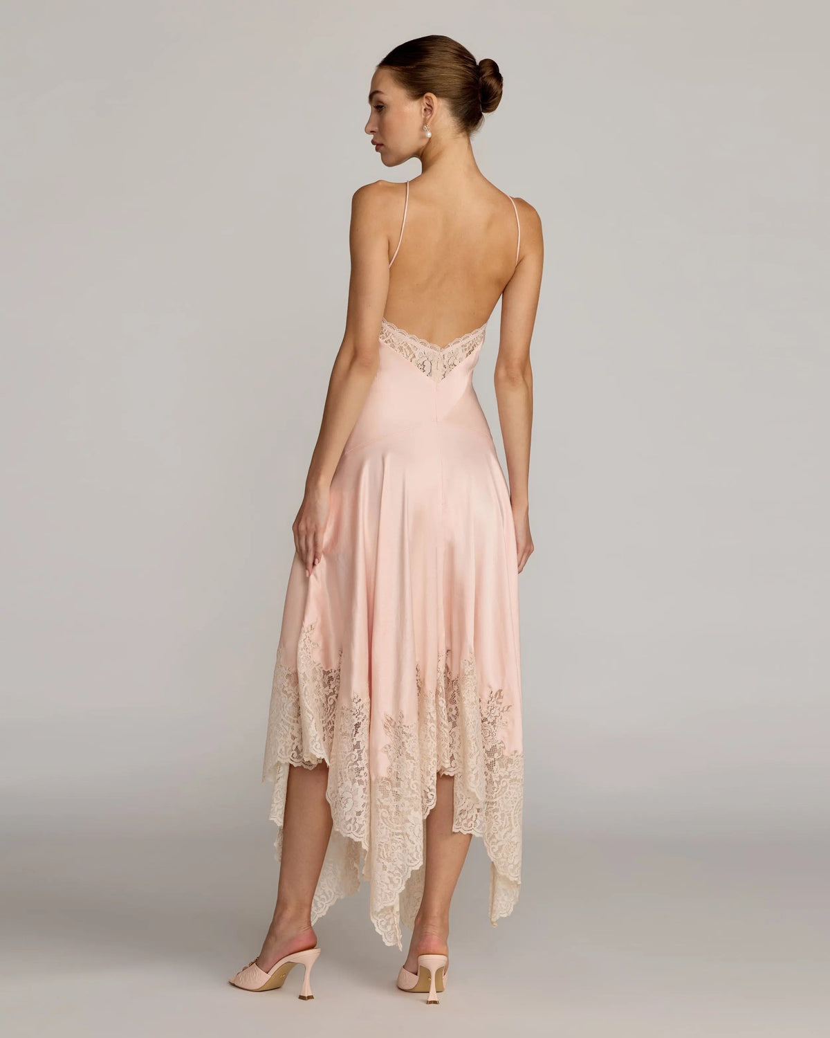 Mac Duggal Light Pink Lace Trim Handkerchief Midi Dress