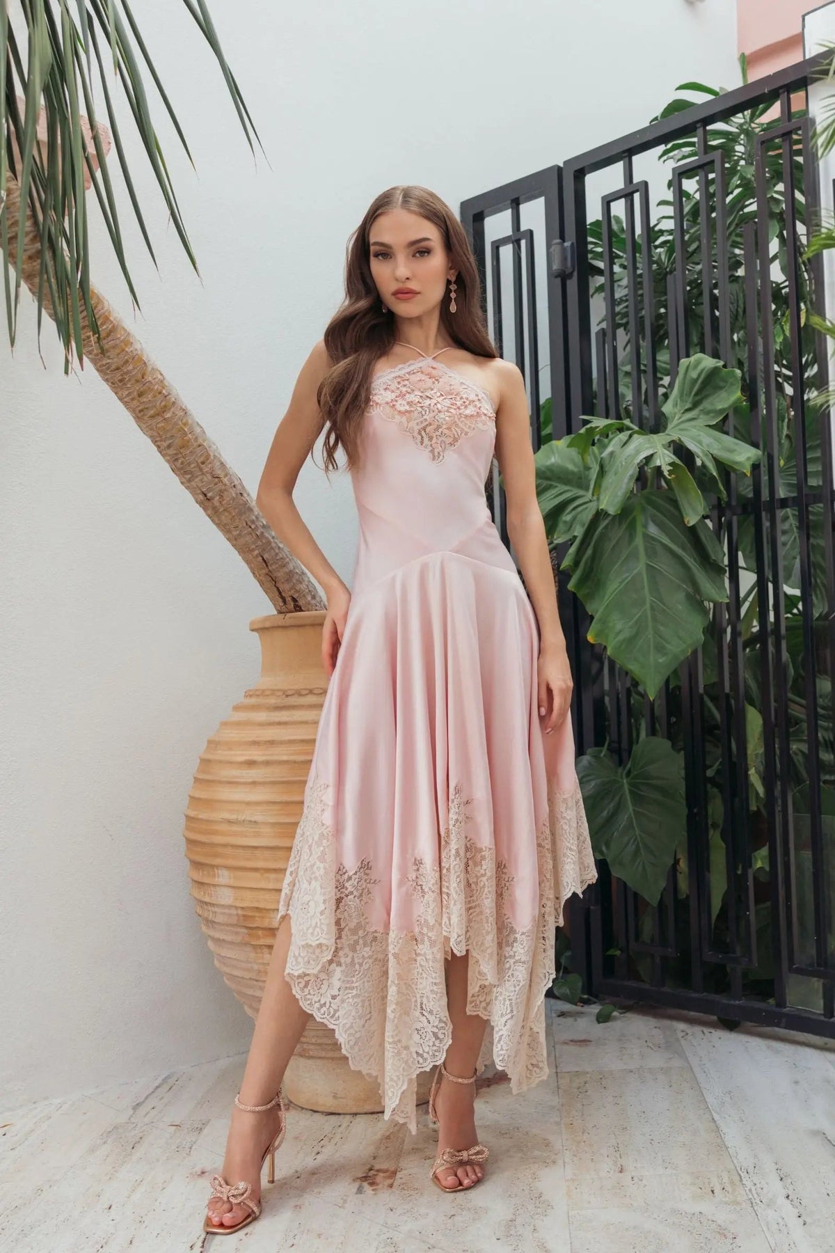 Mac Duggal Light Pink Lace Trim Handkerchief Midi Dress