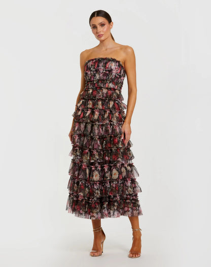 Mac Duggal Black Multicolor Strapless Micro Ruffle A Line Midi Dress
