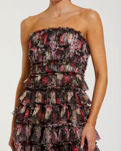 Mac Duggal Black Multicolor Strapless Micro Ruffle A Line Midi Dress