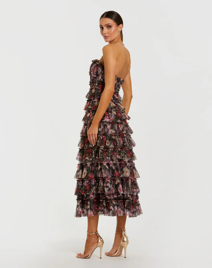 Mac Duggal Black Multicolor Strapless Micro Ruffle A Line Midi Dress