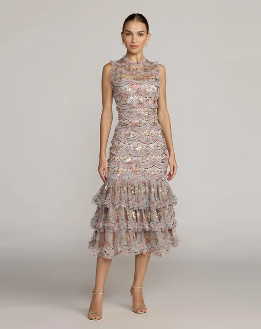 Mac Duggal Multicolor Sleeveless Sequin Tiered Ruffle Midi Dress